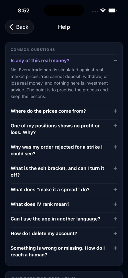 In-app help screen listing plain-English answers to common questions about paper trading, pricing data and exit brackets.